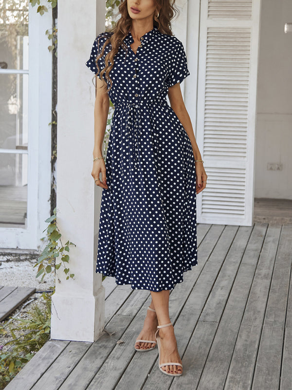 Shirt Collar Polka Dot Waist Dress – Lightweight Rayon Spring Style