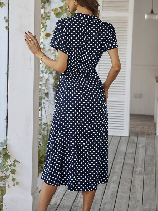 Shirt Collar Polka Dot Waist Dress – Lightweight Rayon Spring Style