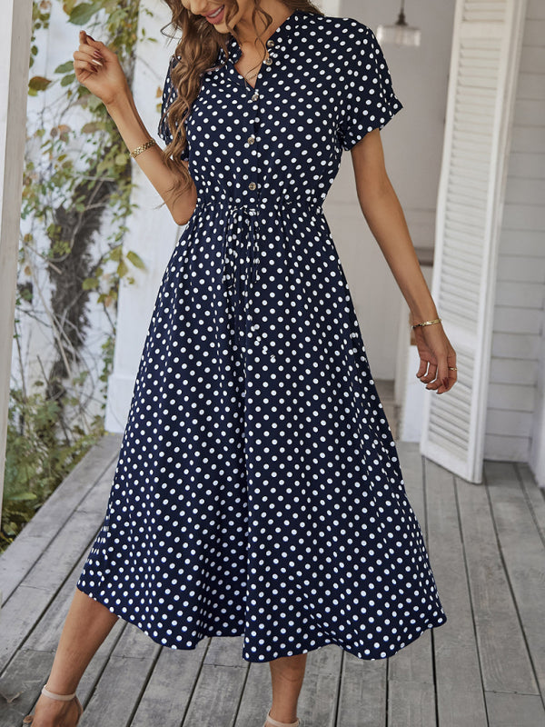 Shirt Collar Polka Dot Waist Dress – Lightweight Rayon Spring Style