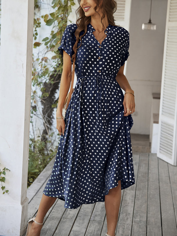 Shirt Collar Polka Dot Waist Dress – Lightweight Rayon Spring Style