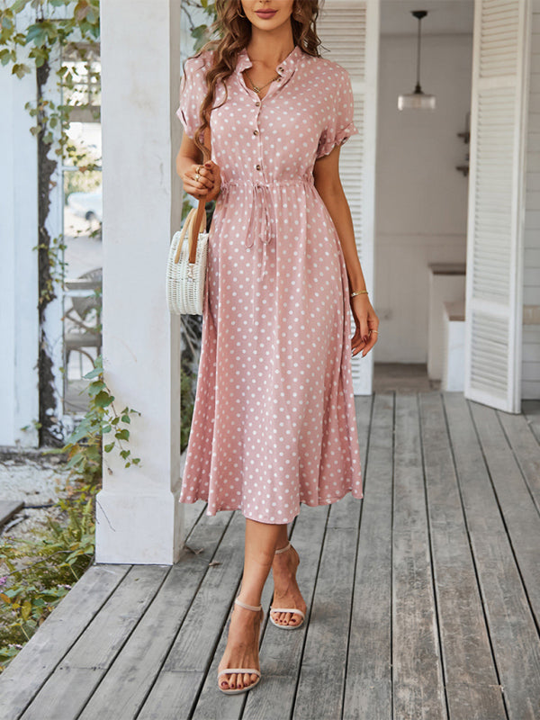 Shirt Collar Polka Dot Waist Dress – Lightweight Rayon Spring Style
