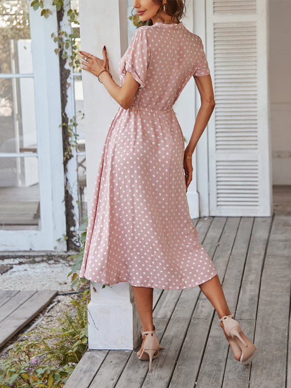 Shirt Collar Polka Dot Waist Dress – Lightweight Rayon Spring Style
