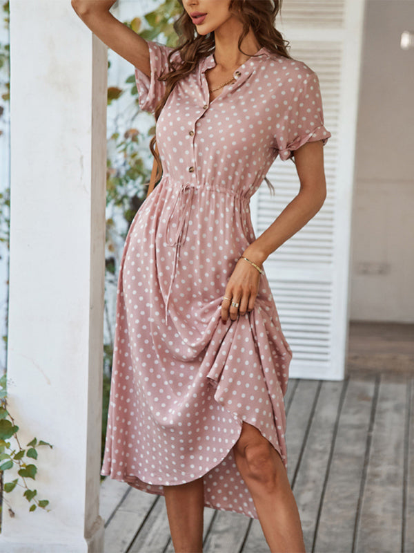 Shirt Collar Polka Dot Waist Dress – Lightweight Rayon Spring Style