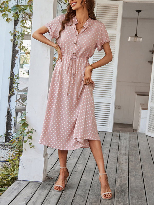 Shirt Collar Polka Dot Waist Dress – Lightweight Rayon Spring Style