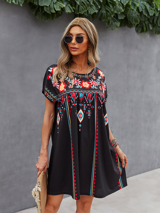 Geometric Print Loose Holiday Dress – Lightweight Woven Polyester, Spring-Summer Style