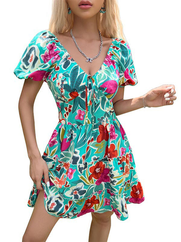 Women's Floral Ruffled V-Neck Smocked Mini Dress – Spring Summer Style