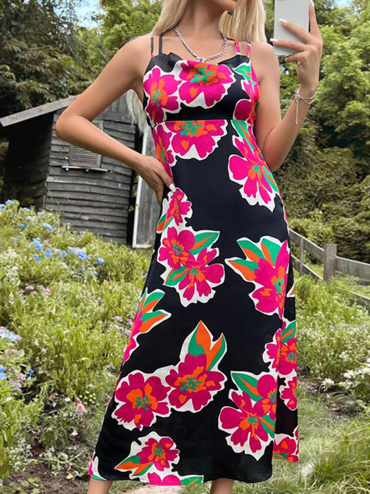 Backless Floral Lace-Up Maxi Dress – Romantic Woven Polyester Summer Look