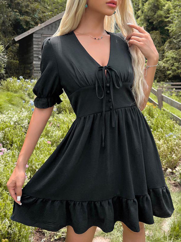 Slim Fit Ruffle Skirt Dress – V-Neck Tie & Romantic Hem in Black
