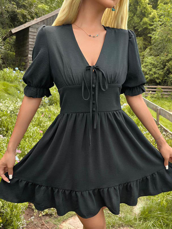 Slim Fit Ruffle Skirt Dress – V-Neck Tie & Romantic Hem in Black