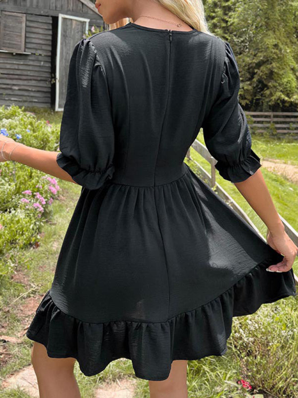 Slim Fit Ruffle Skirt Dress – V-Neck Tie & Romantic Hem in Black