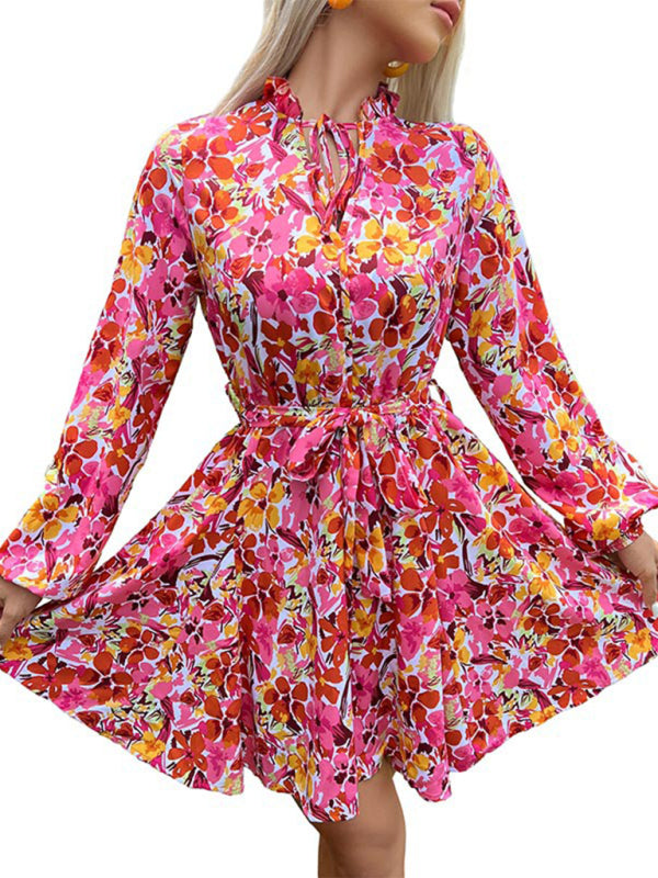 Floral Lace-Up Slim Fit Dress – V-Neck with Lace Collar & Romantic Print