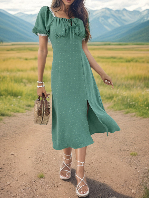 Square Neck Jacquard Slit Dress – Sleek Woven Style for Spring & Summer