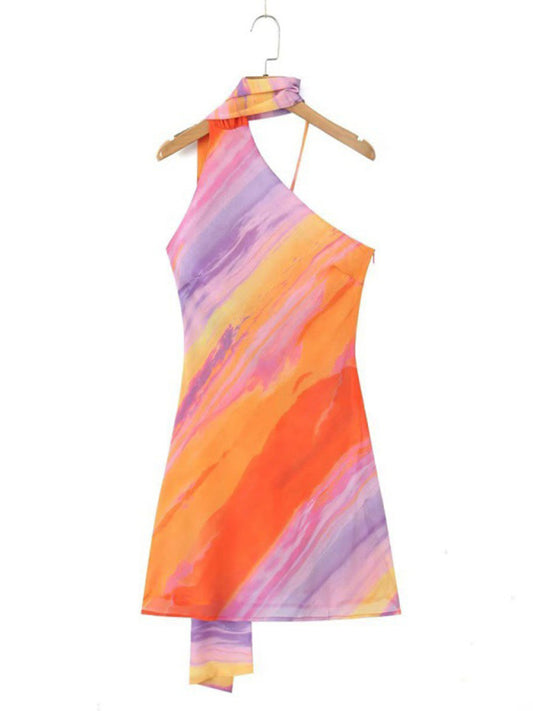 Halter Neck Backless Slim Fit Dress – Color Block Style for Spring & Summer