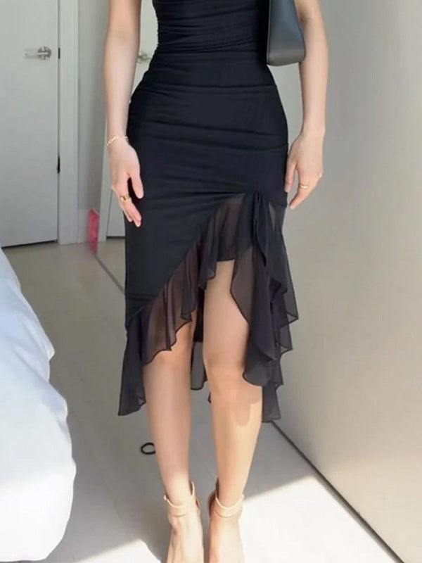 Black Mesh Midi Dress with Irregular Waist Cut & Elegant Pleats