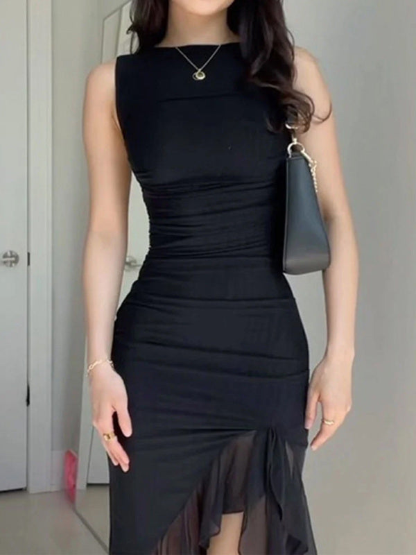 Black Mesh Midi Dress with Irregular Waist Cut & Elegant Pleats