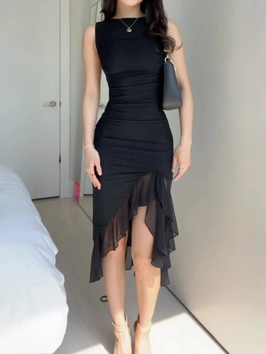 Black Mesh Midi Dress with Irregular Waist Cut & Elegant Pleats