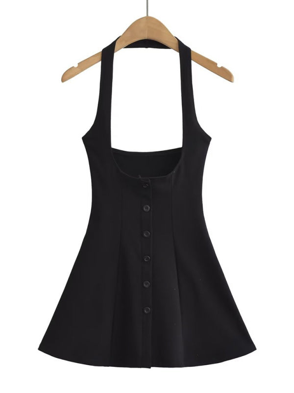 Schirmrock mit breiter Krempe, Neckholder, hoher Taille und mehreren Knöpfen – Baumwollstretch