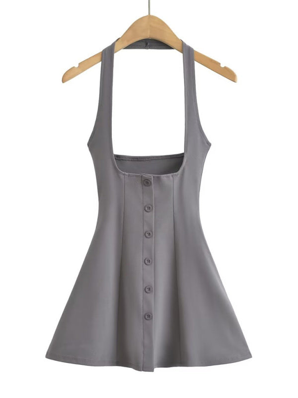 Schirmrock mit breiter Krempe, Neckholder, hoher Taille und mehreren Knöpfen – Baumwollstretch