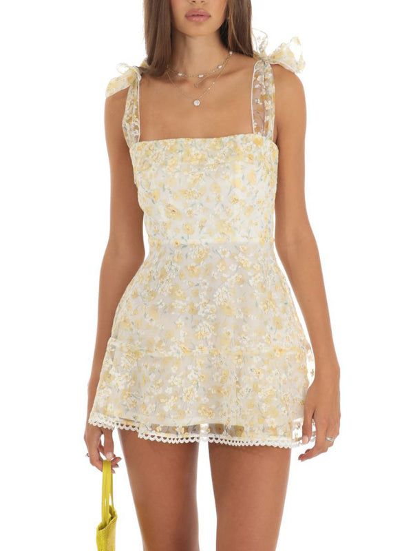 Romantic Floral Mesh Midi Dress – Lightweight Spaghetti Strap Summer Look