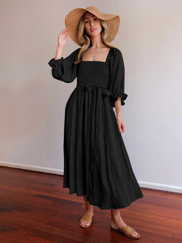 Ruffle Lantern Sleeve Midi Dress with Rope Belt – Spring-Summer Style