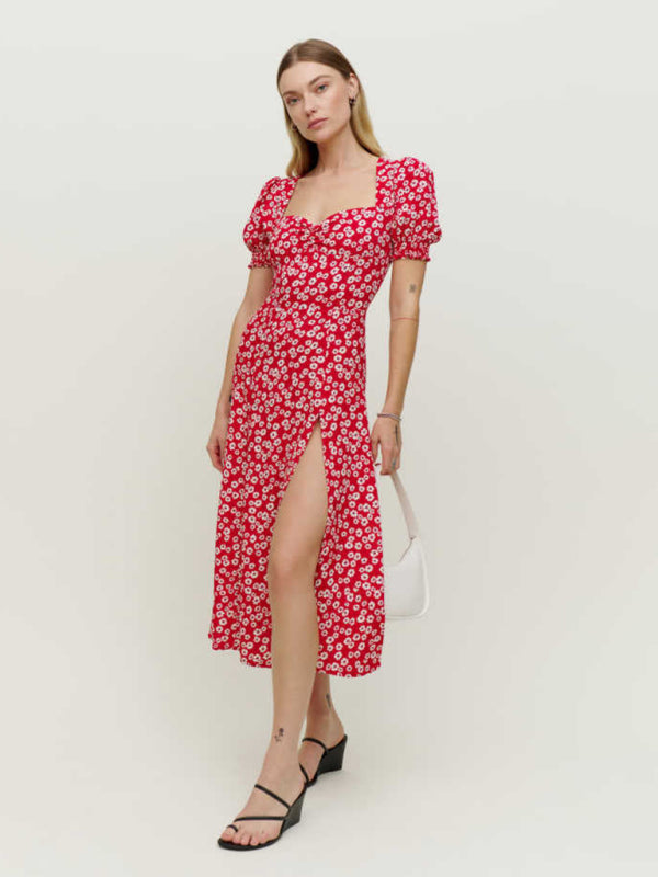 Floral Square Neck Short Sleeve Slit Maxi Dress – Romantic Summer Style