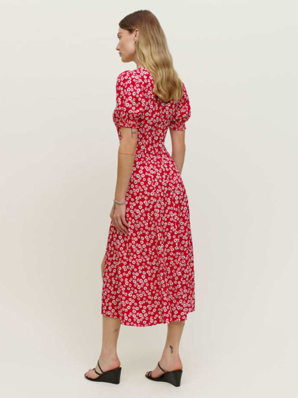 Floral Square Neck Short Sleeve Slit Maxi Dress – Romantic Summer Style