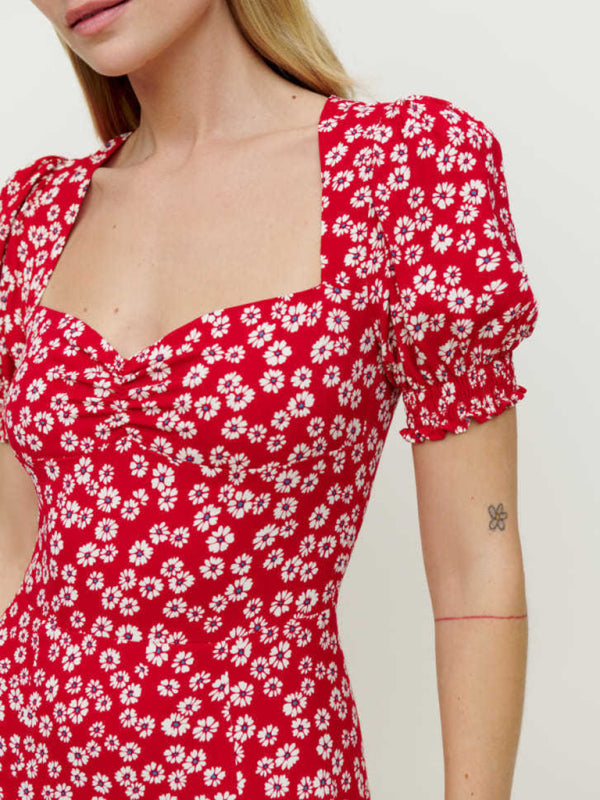 Floral Square Neck Short Sleeve Slit Maxi Dress – Romantic Summer Style