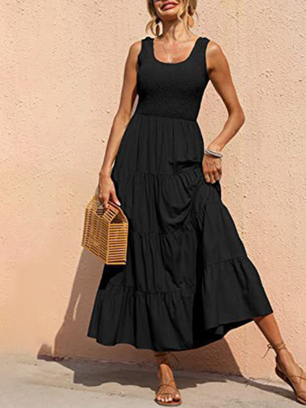 Pleated Suspender A-Line Dress – Large Hem & Lightweight Woven Fabric