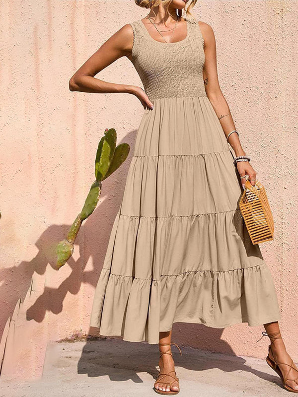 Pleated Suspender A-Line Dress – Large Hem & Lightweight Woven Fabric