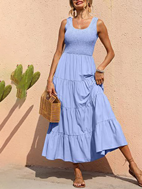 Pleated Suspender A-Line Dress – Large Hem & Lightweight Woven Fabric