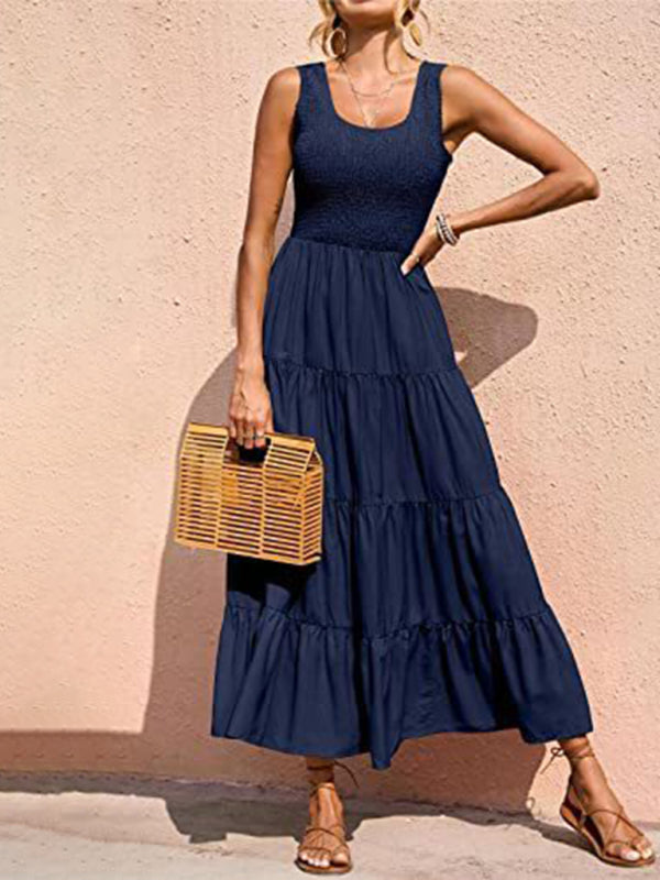 Pleated Suspender A-Line Dress – Large Hem & Lightweight Woven Fabric