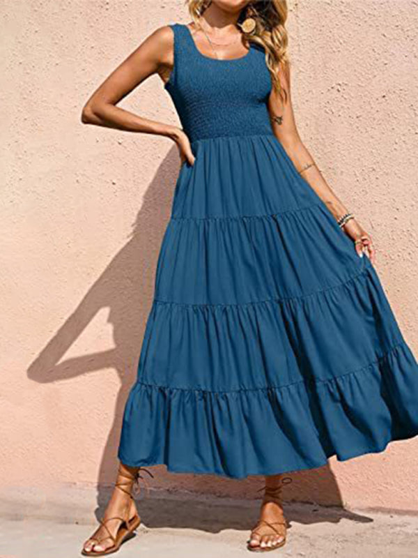 Pleated Suspender A-Line Dress – Large Hem & Lightweight Woven Fabric
