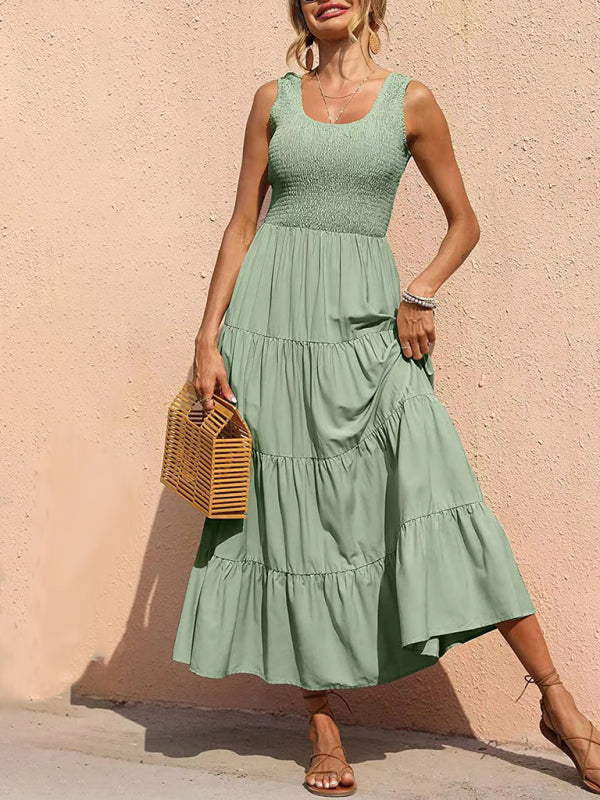 Pleated Suspender A-Line Dress – Large Hem & Lightweight Woven Fabric