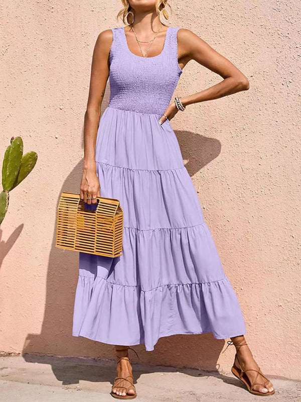 Pleated Suspender A-Line Dress – Large Hem & Lightweight Woven Fabric