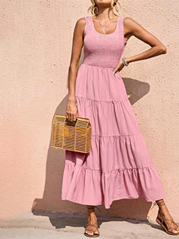 Pleated Suspender A-Line Dress – Large Hem & Lightweight Woven Fabric