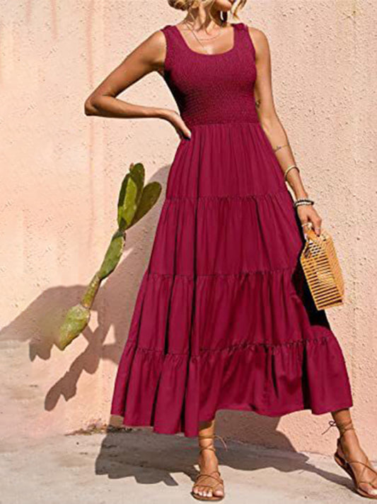 Pleated Suspender A-Line Dress – Large Hem & Lightweight Woven Fabric