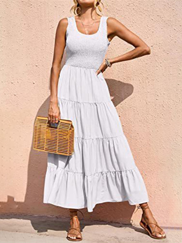 Pleated Suspender A-Line Dress – Large Hem & Lightweight Woven Fabric