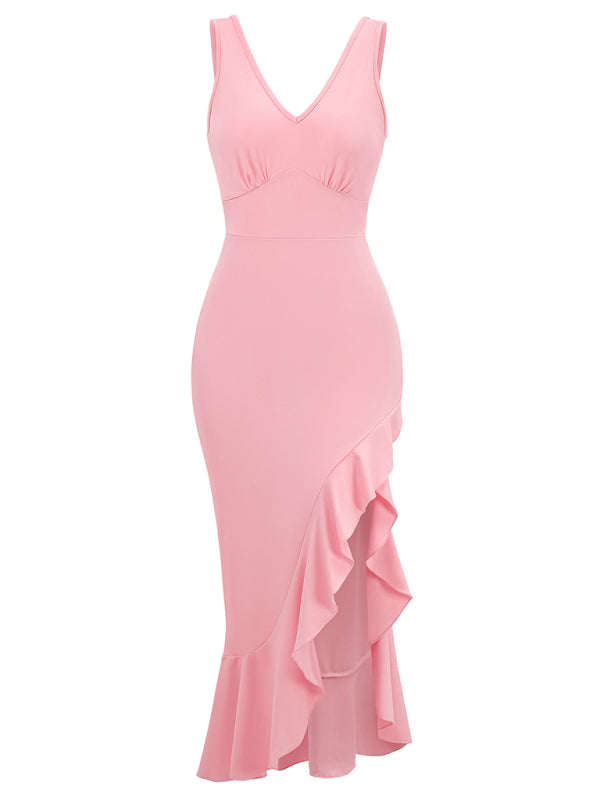 Ärmelloses Kleid mit V-Ausschnitt und Rüschensaum – Eleganter Stricklook für Frühling und Sommer