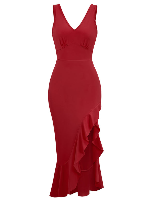 Ärmelloses Kleid mit V-Ausschnitt und Rüschensaum – Eleganter Stricklook für Frühling und Sommer