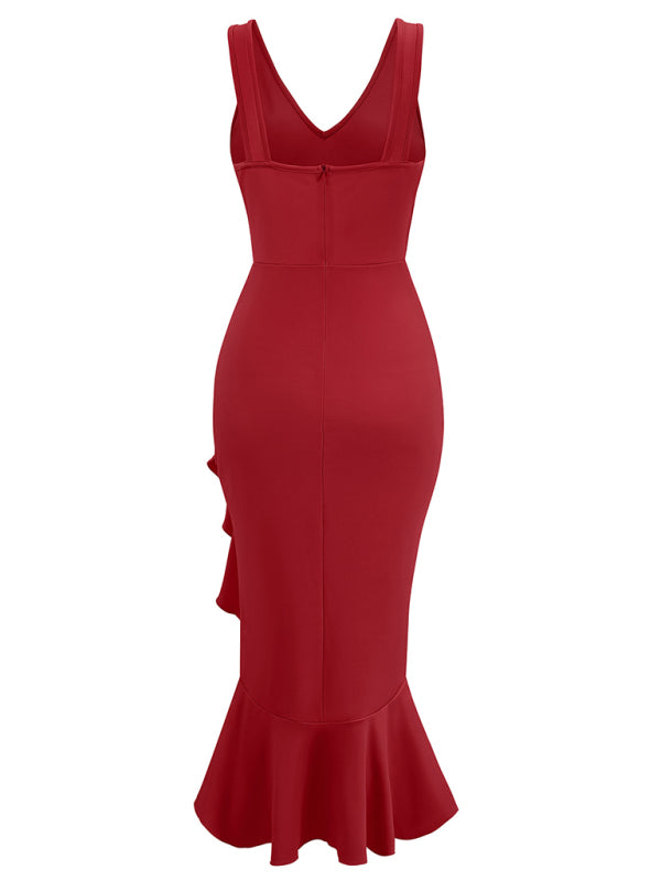 Ärmelloses Kleid mit V-Ausschnitt und Rüschensaum – Eleganter Stricklook für Frühling und Sommer
