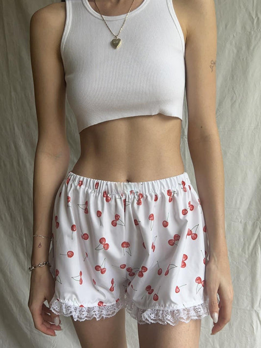 Lace Spliced Printed Outerwear Shorts – Lightweight Spring Summer Lounge Bottoms