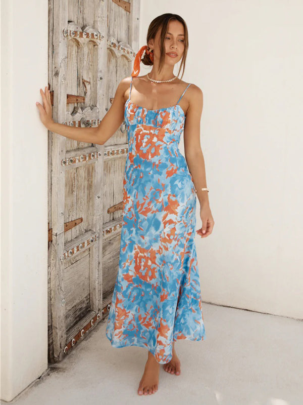 Thin-Strap French Low-Cut Maxi Dress – Beautiful Back & Full Print