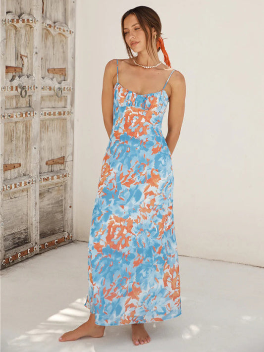 Thin-Strap French Low-Cut Maxi Dress – Beautiful Back & Full Print