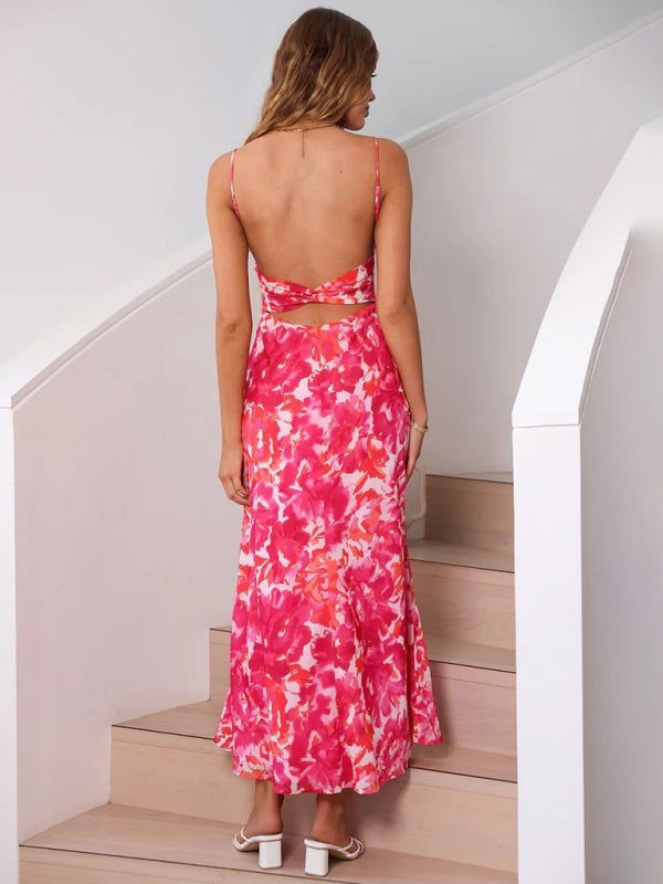 Thin-Strap French Low-Cut Maxi Dress – Beautiful Back & Full Print