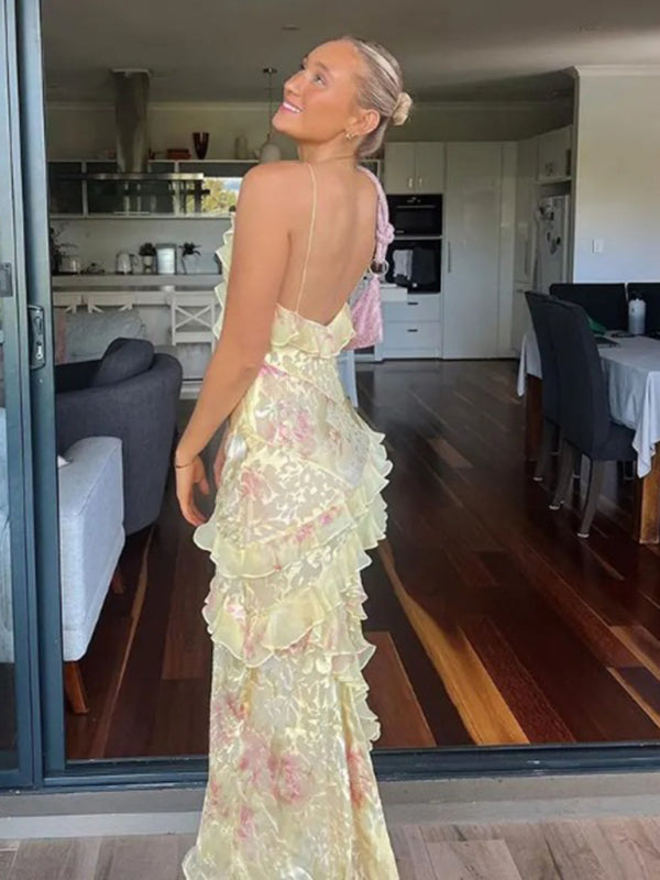 Vestido de tirantes para vacaciones con borde ondulado – Diseño tejido romántico en rosa o amarillo dorado