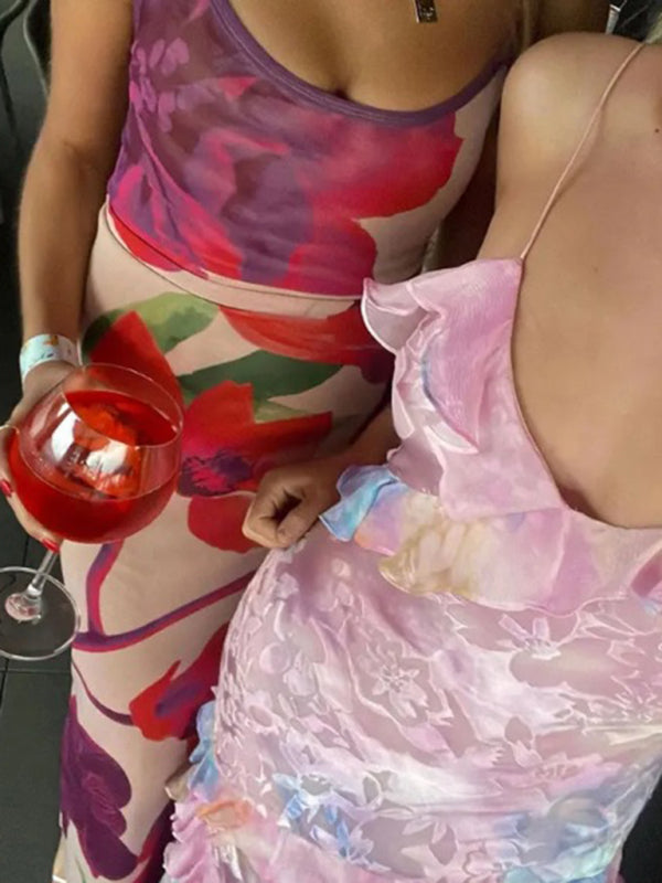 Vestido de tirantes para vacaciones con borde ondulado – Diseño tejido romántico en rosa o amarillo dorado