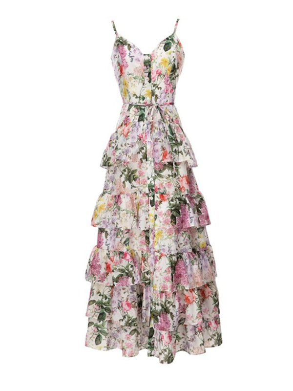Romantiline volangidega lilleline suspenderkleit – ühe rinnaga, täispikk seelik