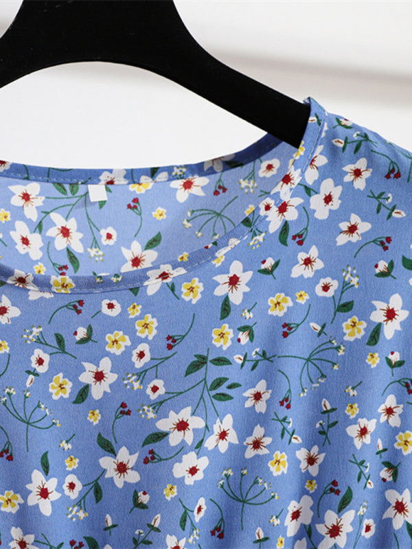 Floral Chiffon Long Dress – Waist-Defining, Round Neck, Long Sleeve