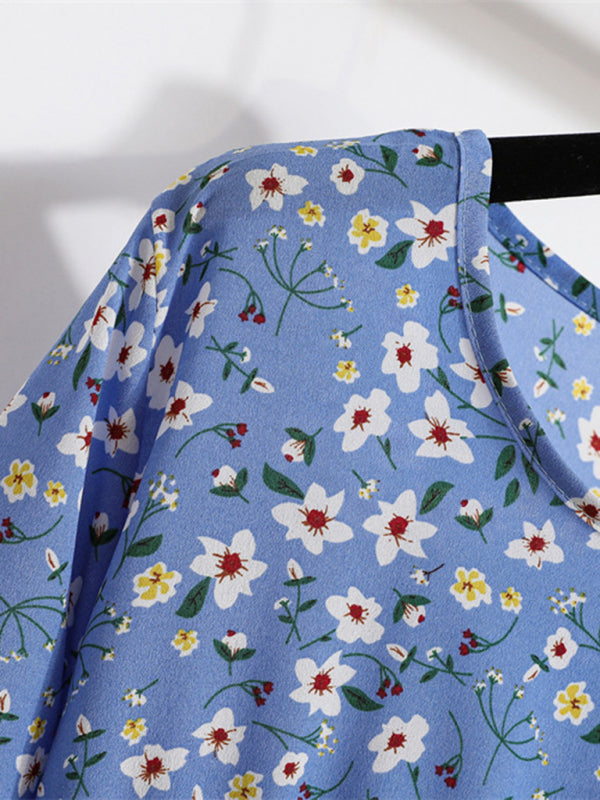Floral Chiffon Long Dress – Waist-Defining, Round Neck, Long Sleeve