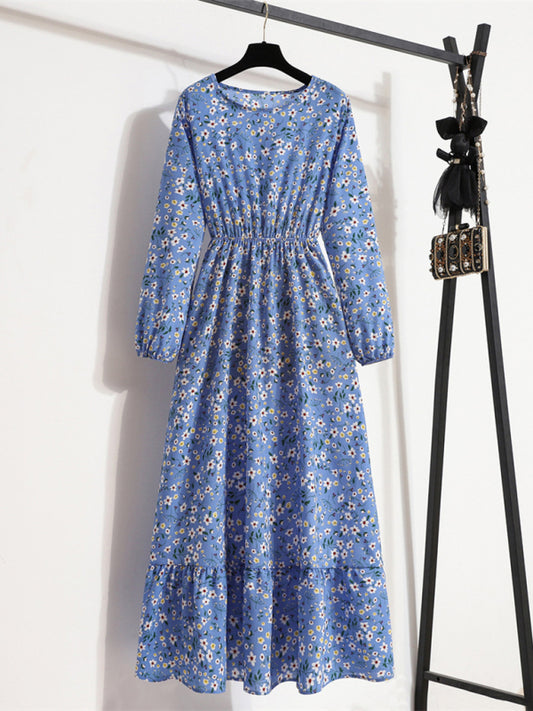 Floral Chiffon Long Dress – Waist-Defining, Round Neck, Long Sleeve